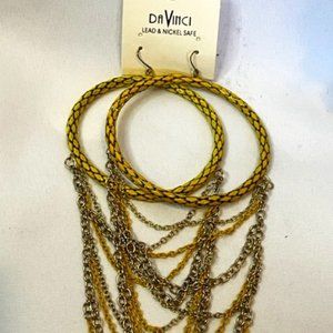 Yellow DaVinci Large Hoop Earrings with Hanging Chains.